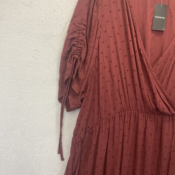 NWT Torrid Swiss Dot Midi Dress Womens 4X 26 Maroon Surplice Wrap Pocket Boho - Picture 7 of 15